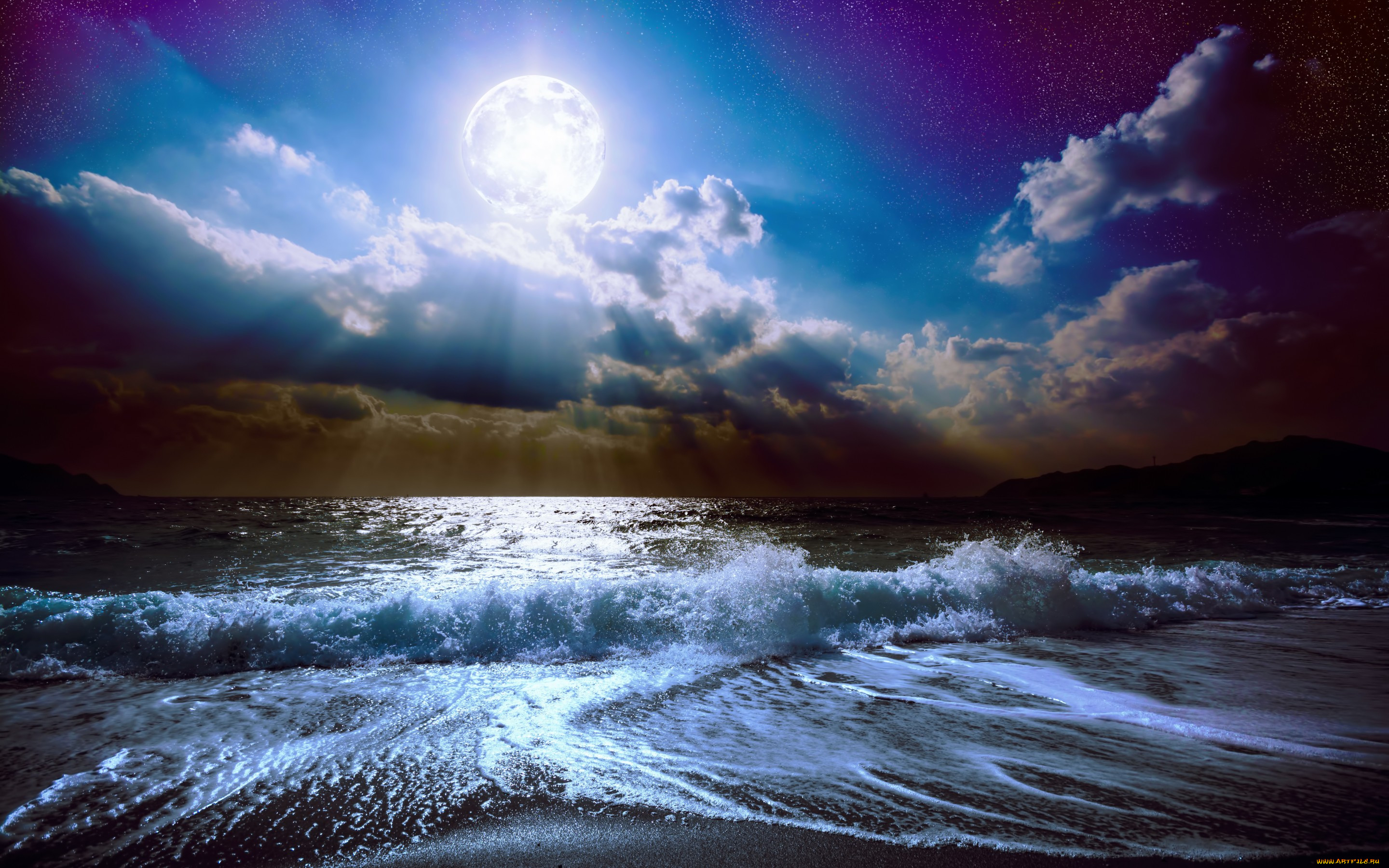 Обои Природа Стихия, обои для рабочего стола, фотографии природа, стихия,  full, moon, sky, sea, ocean, waves, beautiful, nature, луна, лунный, свет,  ночь, пейзаж, облака, полная, небо, море, океан, волны, красивая Обои для